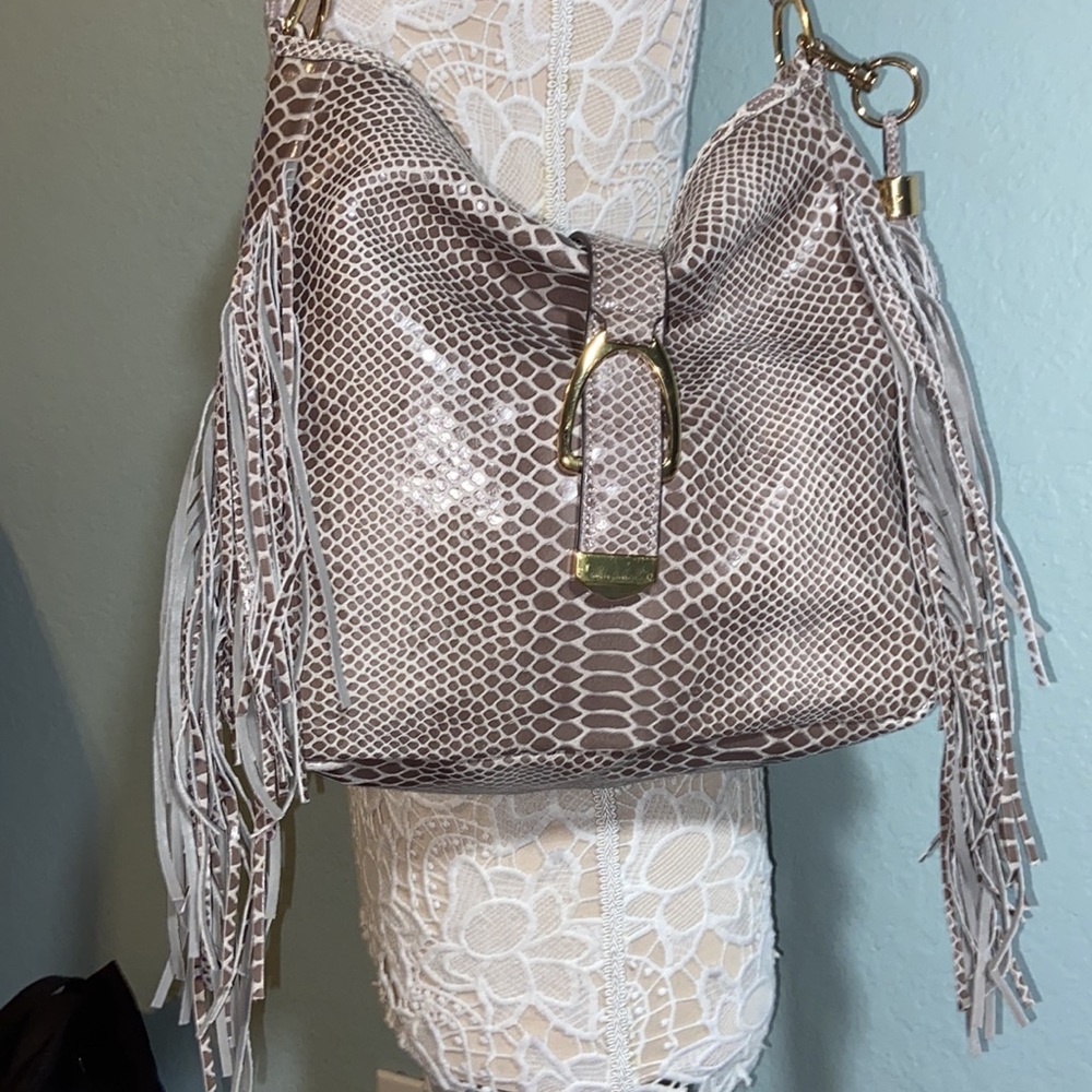 Nwot G.I.L.I.  100% Leather Large  hobo Snakeskin Fringe Bag - Picture 6 of 16